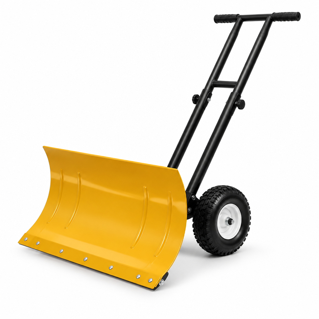 Yellow Clear Path wheeled snow pusher shovel on white background