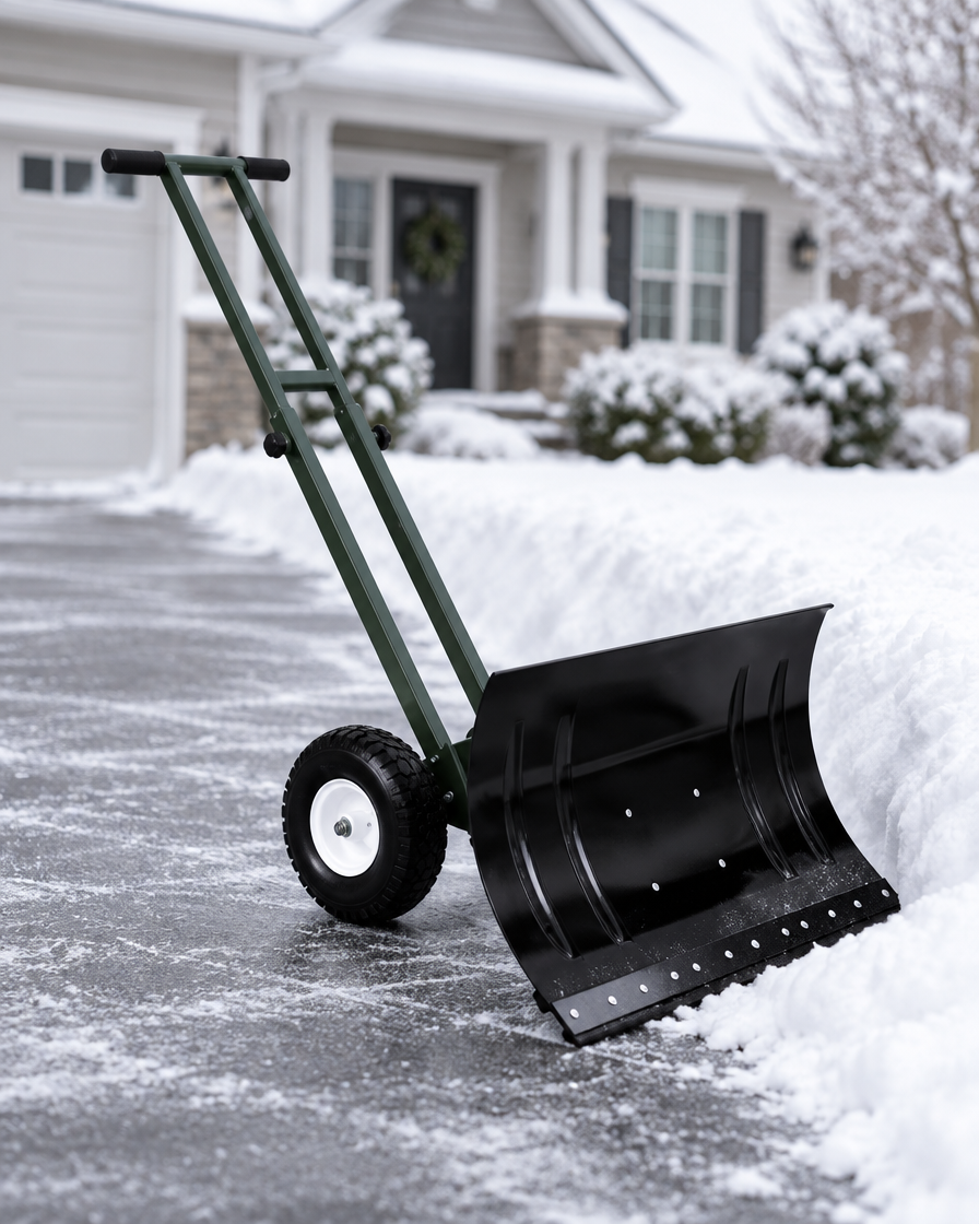 Black wheeled snow pusher shovel on a plowed driveway