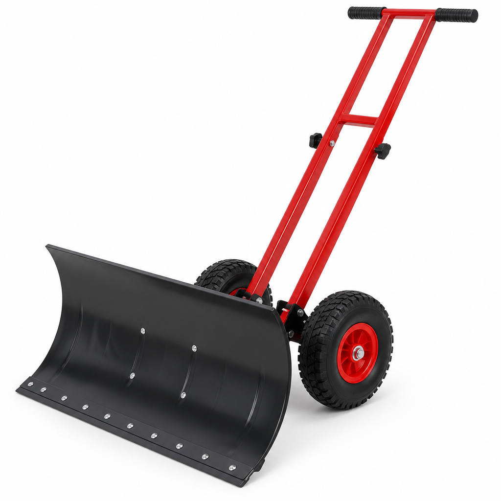Red Clear Path wheeled snow pusher shovel on white background