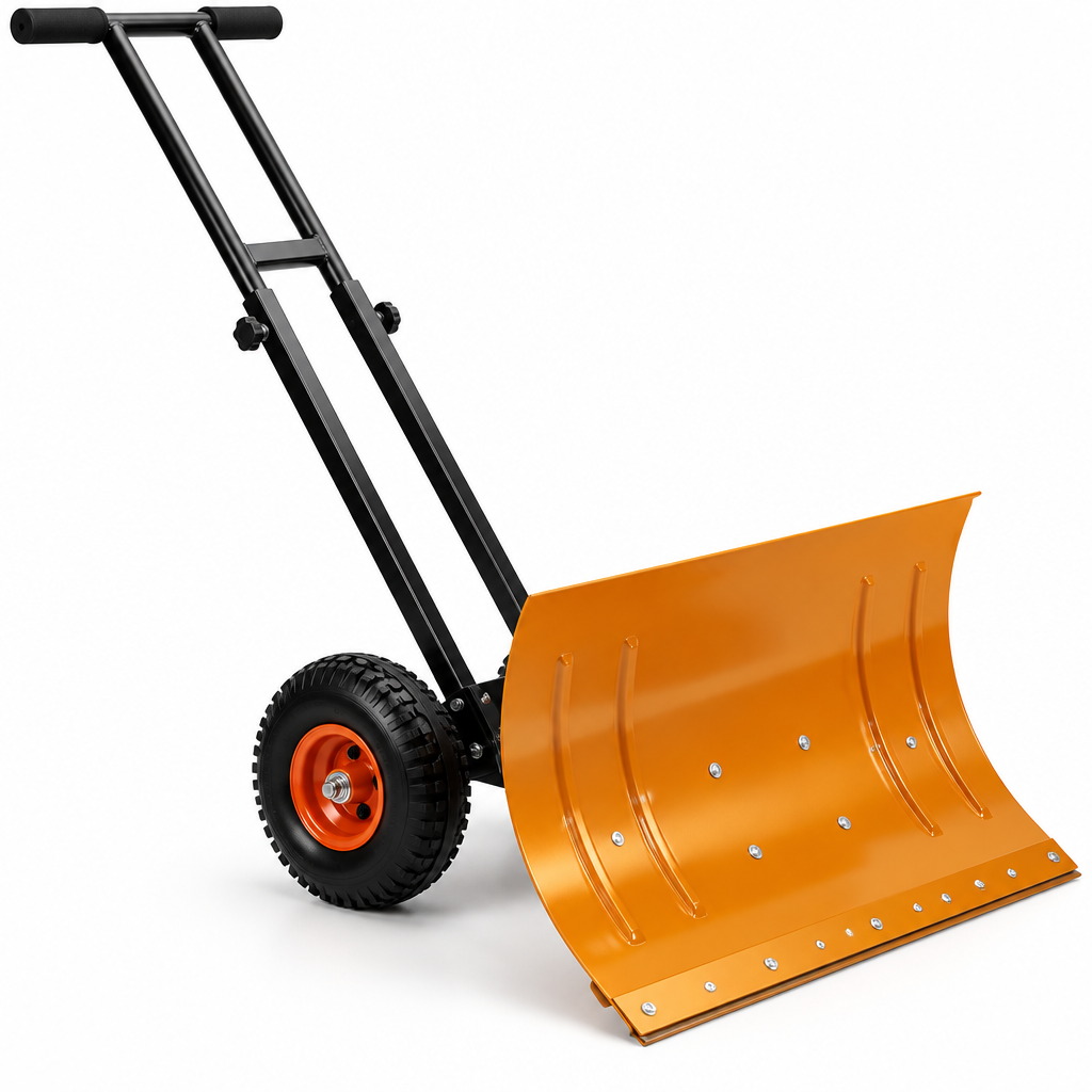 Orange Clear Path wheeled snow pusher shovel on white background
