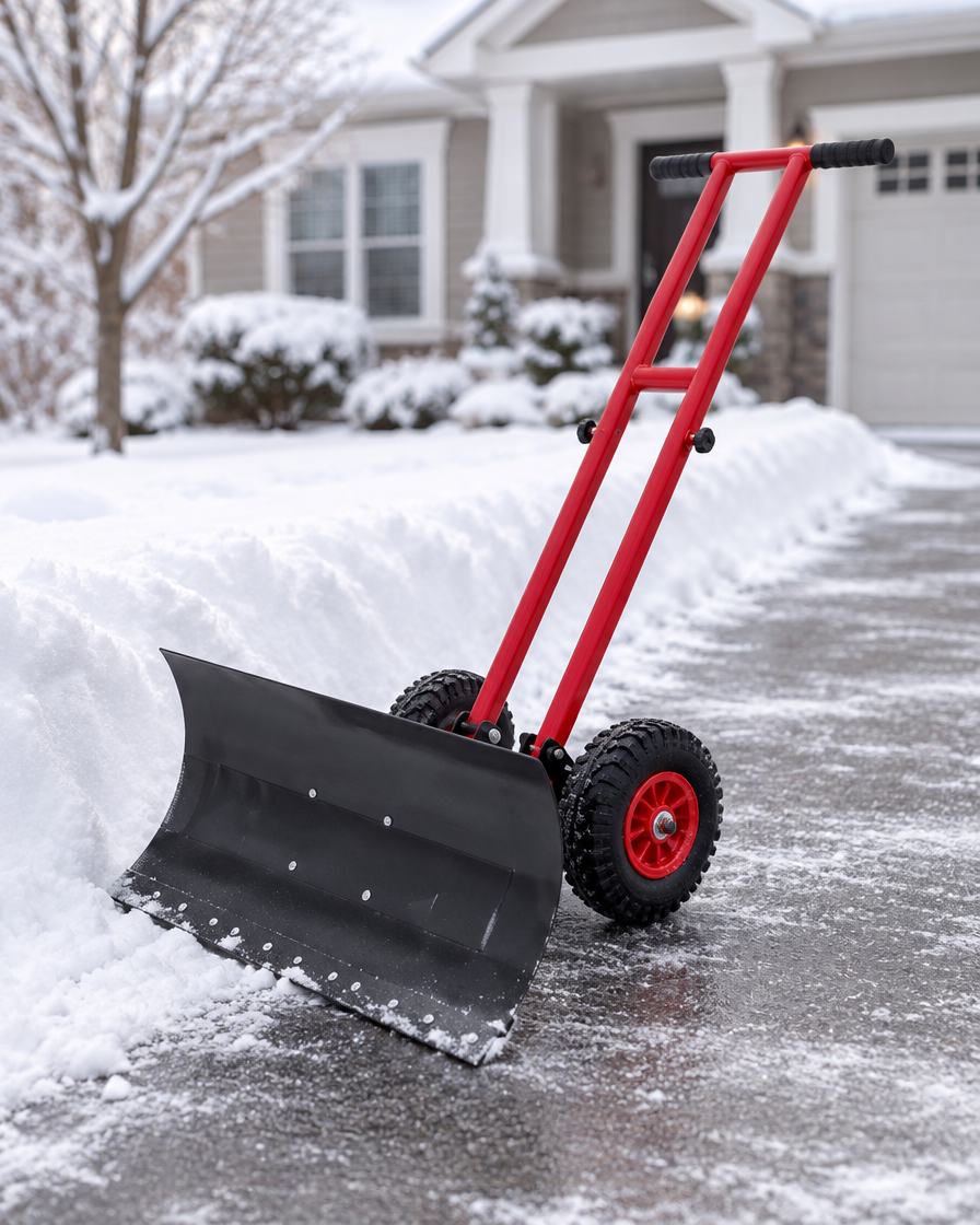 Red wheeled snow pusher shovel on a plowed driveway