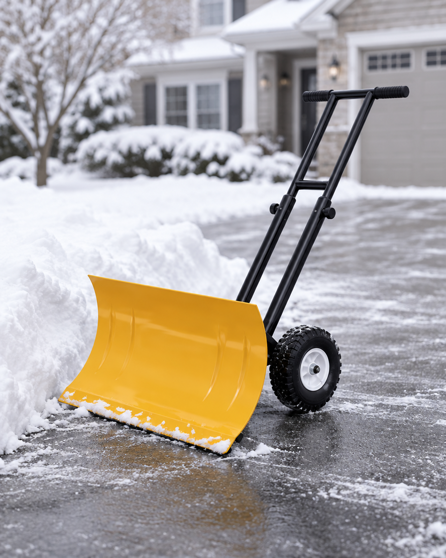 Yellow wheeled snow pusher shovel on a plowed driveway