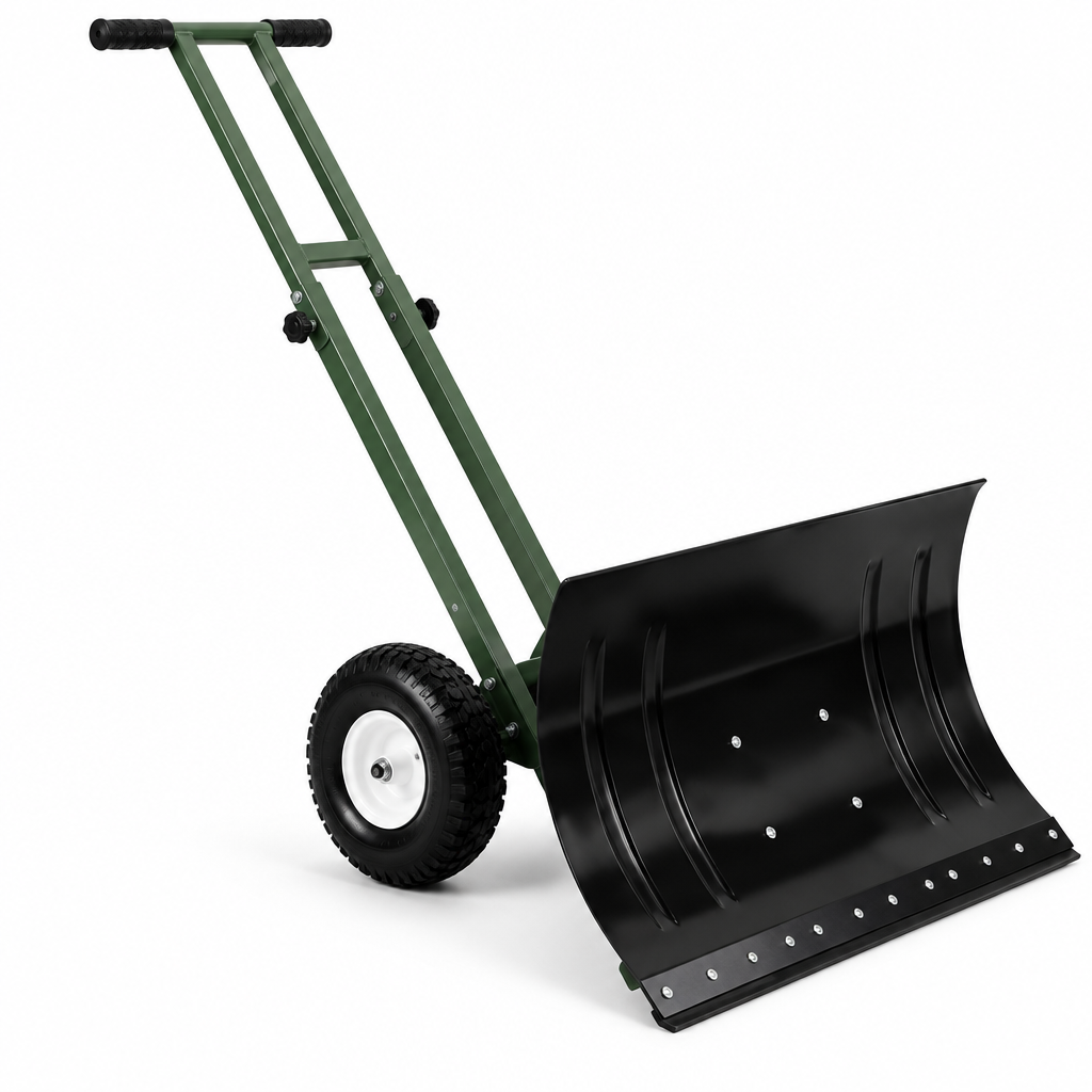 Black Clear Path wheeled snow pusher shovel on white background