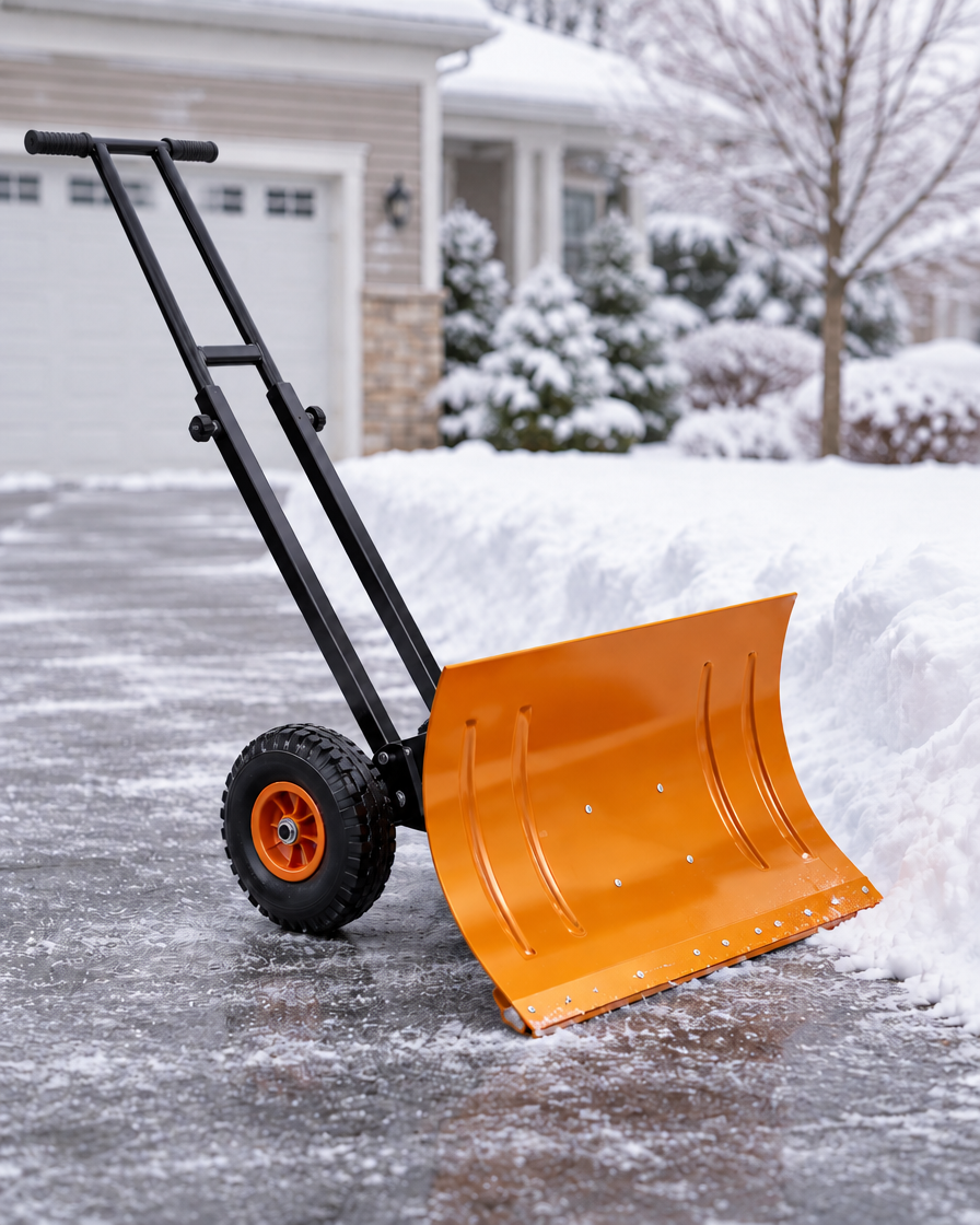 Orange wheeled snow pusher shovel on a plowed driveway