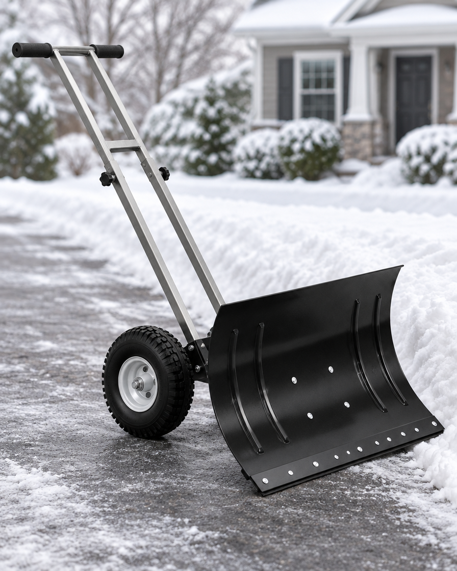 Black and silver wheeled snow pusher shovel on a plowed driveway