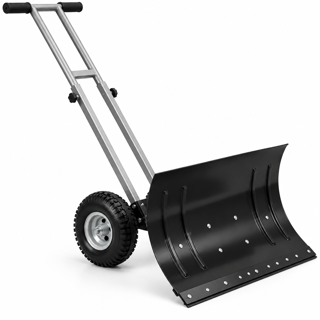 Black and silver Clear Path wheeled snow pusher shovel on white background